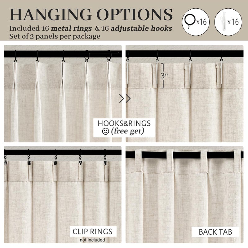 PleatedDrapes ستائر مطبخ مرشحة للضوء بطول 63 بوصة مجموعتين، ستائر الطابق السفلي لنافذة صغيرة كريمية باللون البيج مع مزيج من الكتان المطوي وعلامة تبويب خلفية شبه شفافة قصيرة للنوافذ الكبيرة 40 بوصة عرض × 63 بوصة طول - Image 4